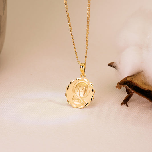 9K MEDALLA ORO AMARILLO VIRGEN MARIA MATIZADA Y TALLADA 17 MM
