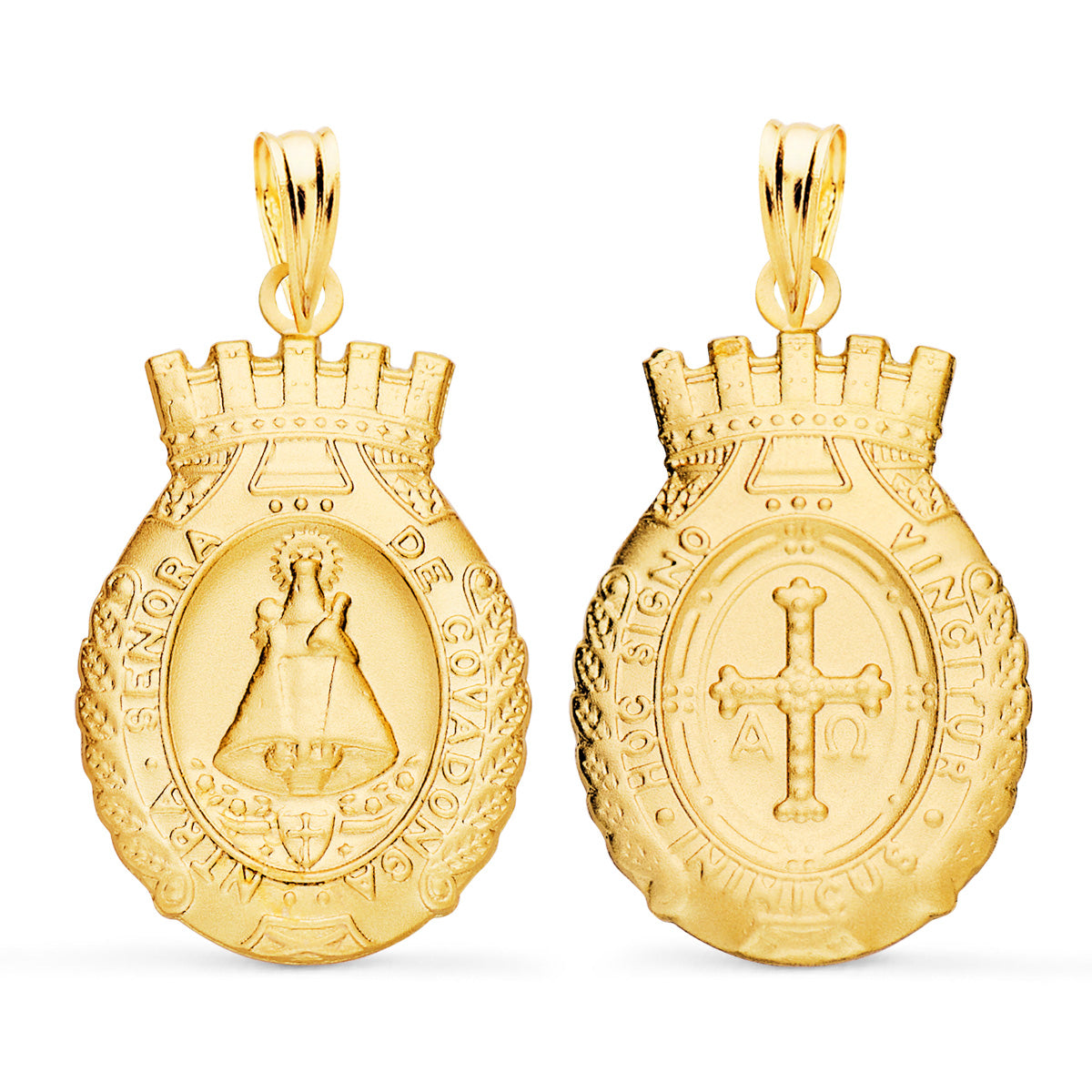 18K ESCAPULARIO ORO AMARILLO ESCUDO VIRGEN COVADONGA Y CRUZ DE LA VICTORIA 25X16 MM