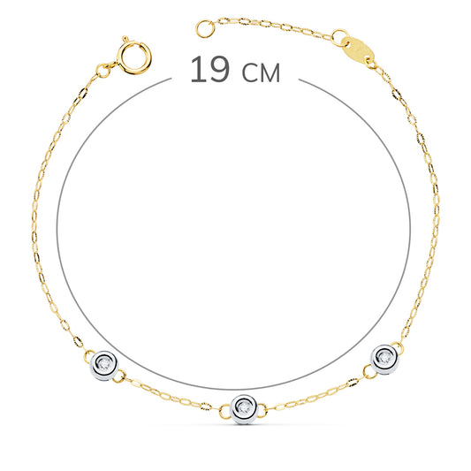 18K PULSERA BICOLOR CADENA FORZADA 3 DIAMANTES LABORATORIO 0,045 QTS. G-VS2. LARGO: 19 CM