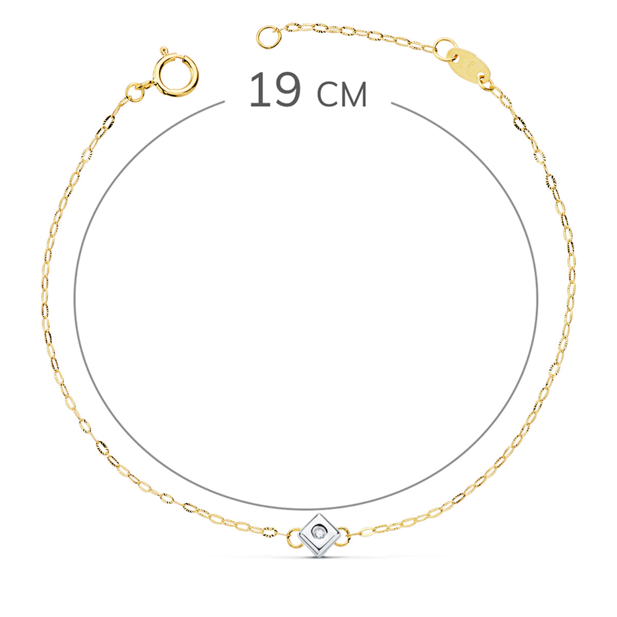 18K PULSERA ORO BICOLOR CHATON DE ROMBO CON DIAMANTE LABORATORIO VS2-G 0,015 QTS. LARGO: 19CM