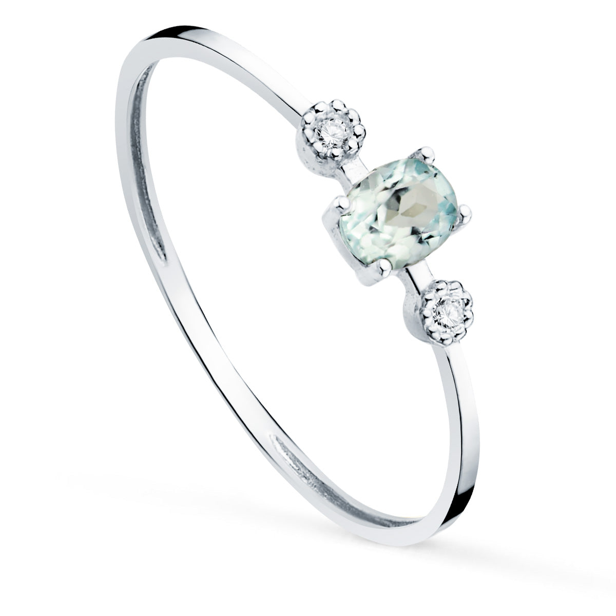 18K SORTIJA ORO BLANCO Y DIAMANTES DE LABORATORIO 0,016 QTS. G-VS2 AGUAMARINA 4X3 MM CUERPO 1 MM