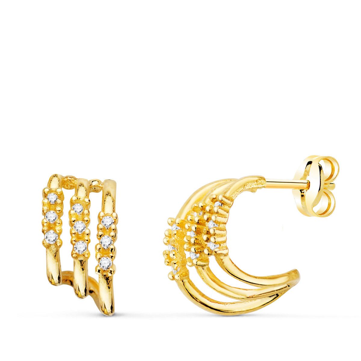 18K PENDIENTES ORO AMARILLO TRES BANDAS CON DIAMANTES LABORATORIO 0,090 QTS VS2-G. 11X6 MM CIERRE PRESION