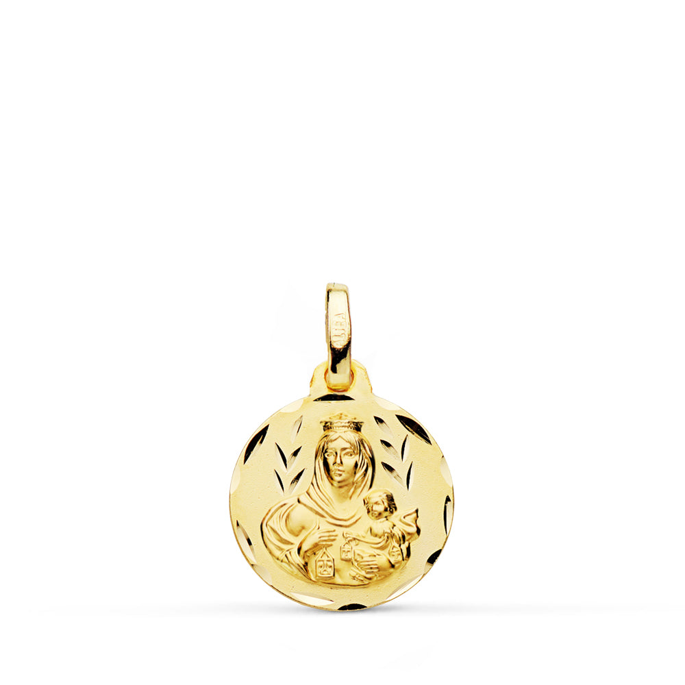18K ESCAPULARIO ORO AMARILLO TALLADO VIRGEN DEL CARMEN CORAZON DE JESUS 14 MM