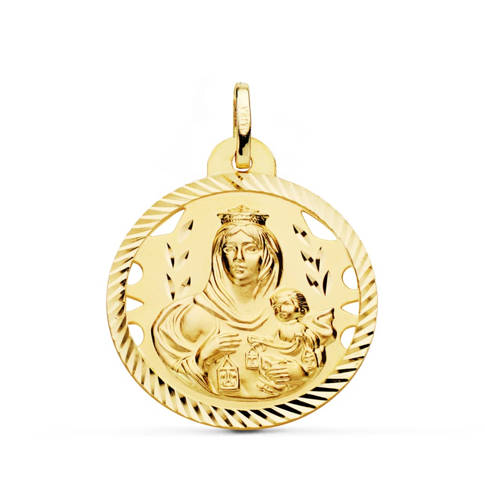18K ESCAPULARIO ORO AMARILLO HELICE CALADO VIRGEN CARMEN Y CORAZON DE JESUS 26 MM