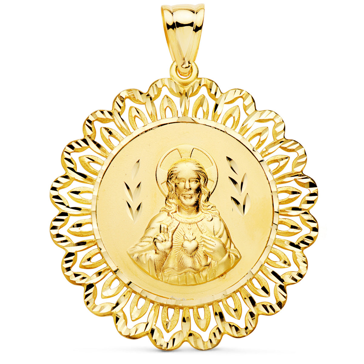 18K MEDALLA CORAZON DE JESUS CERCO FILIGRANA TALLADO ORO AMARILLO 37X37 MM