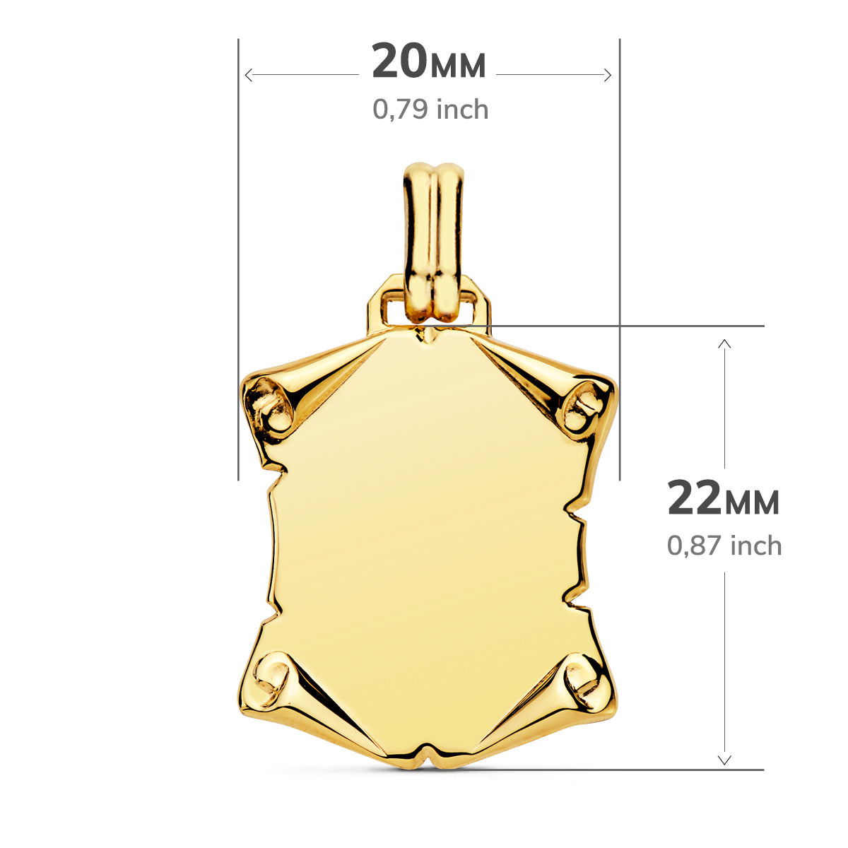 9K PLACA CHAPA COLGANTE PERGAMINO ORO AMARILLO LISO BRILLO PAPIRO. 22X20 MM
