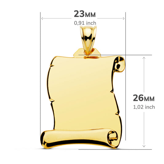 9K PLACA CHAPA COLGANTE PERGAMINO ORO AMARILLO LISO 28X17 MM