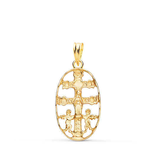 18K CRUZ DE CARAVACA ORO AMARILLO CERCO OVAL TALLADO 25 X 13 MM