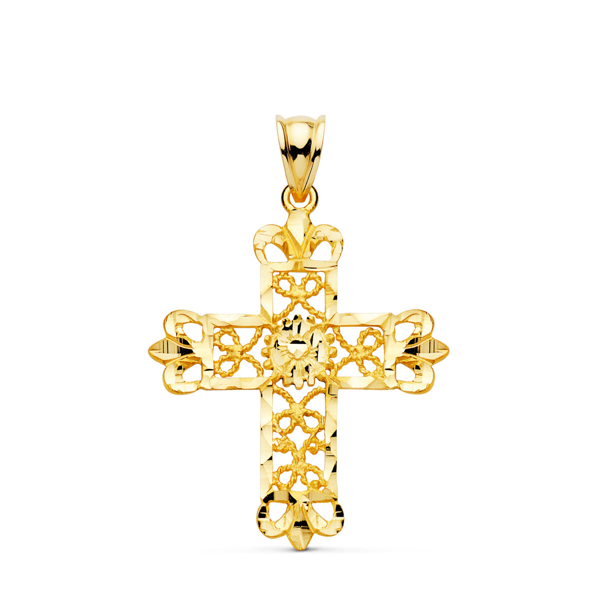 18K CRUZ ORO AMARILLO FILIGRANA BORDES TALLADOS. 35X29 MM