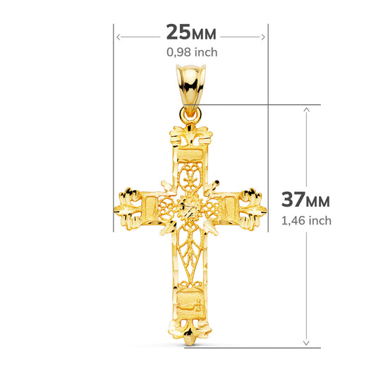 18K CRUZ ORO AMARILLO FILIGRANA BORDES TALLADOS. 37X25 MM
