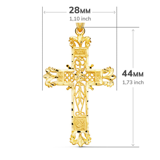 18K CRUZ ORO AMARILLO FILIGRANA BORDES TALLADOS. 44X28 MM