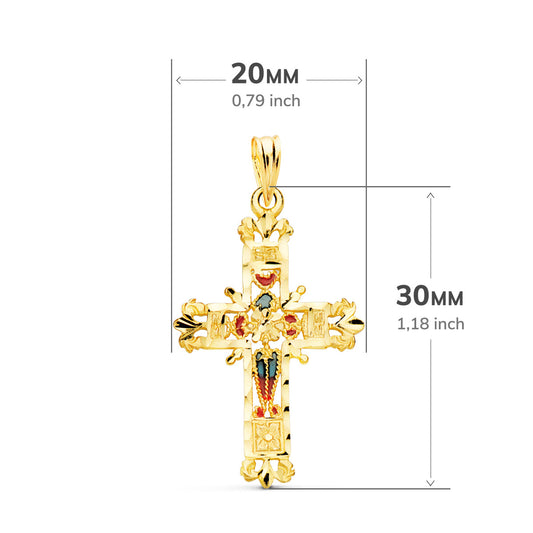 18K CRUZ ORO AMARILLO VIDRIERA CATEDRAL BORDES TALLADOS. 30X20 MM