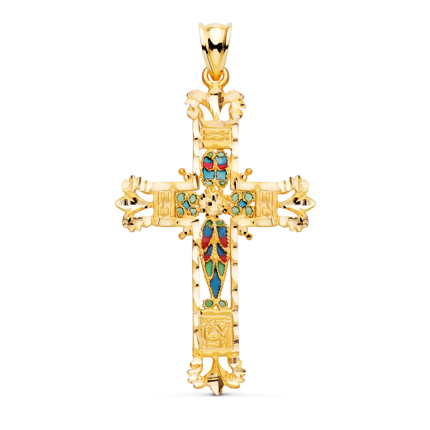 18K CRUZ ORO AMARILLO VIDRIERA CATEDRAL BORDES TALLADOS. 44X28 MM