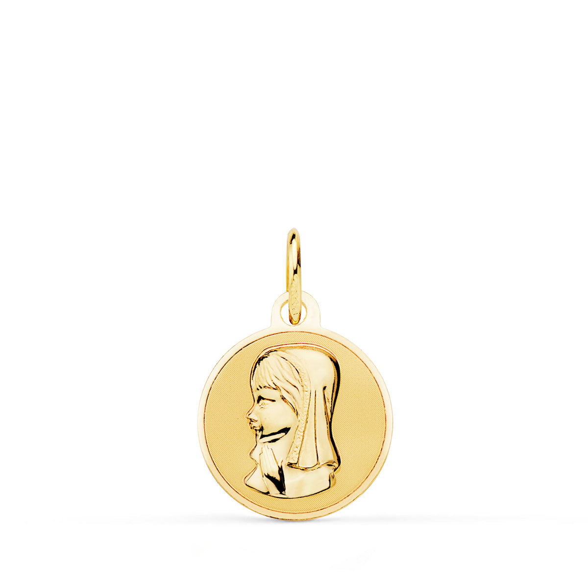 9K MEDALLA ORO AMARILLO REDONDA VIRGEN NIÑA EN BRILLO 14 MM
