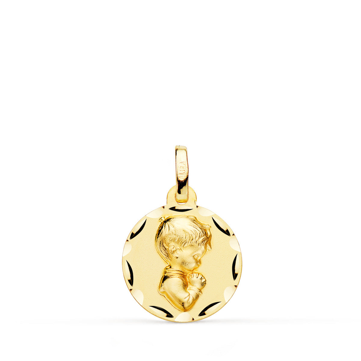 9K MEDALLA ORO AMARILLO NIÑO REZANDO TALLADO 14 MM