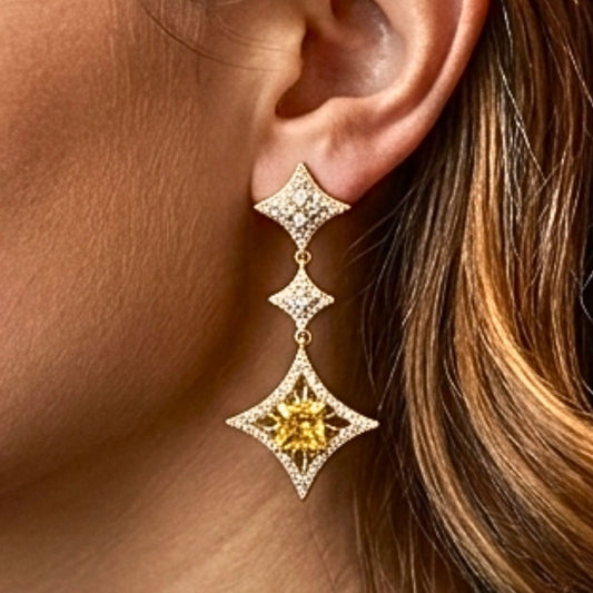 Pendientes acero inoxidable dorado chapado oro 14ktes circonitas blancas engastadas diseño joyería osnor moda