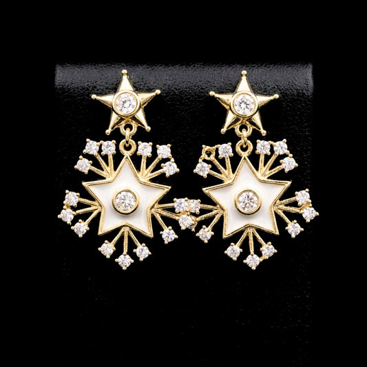 Pendientes Estrella Colgante Acero Dorado Nácar y Circonitas Blancas