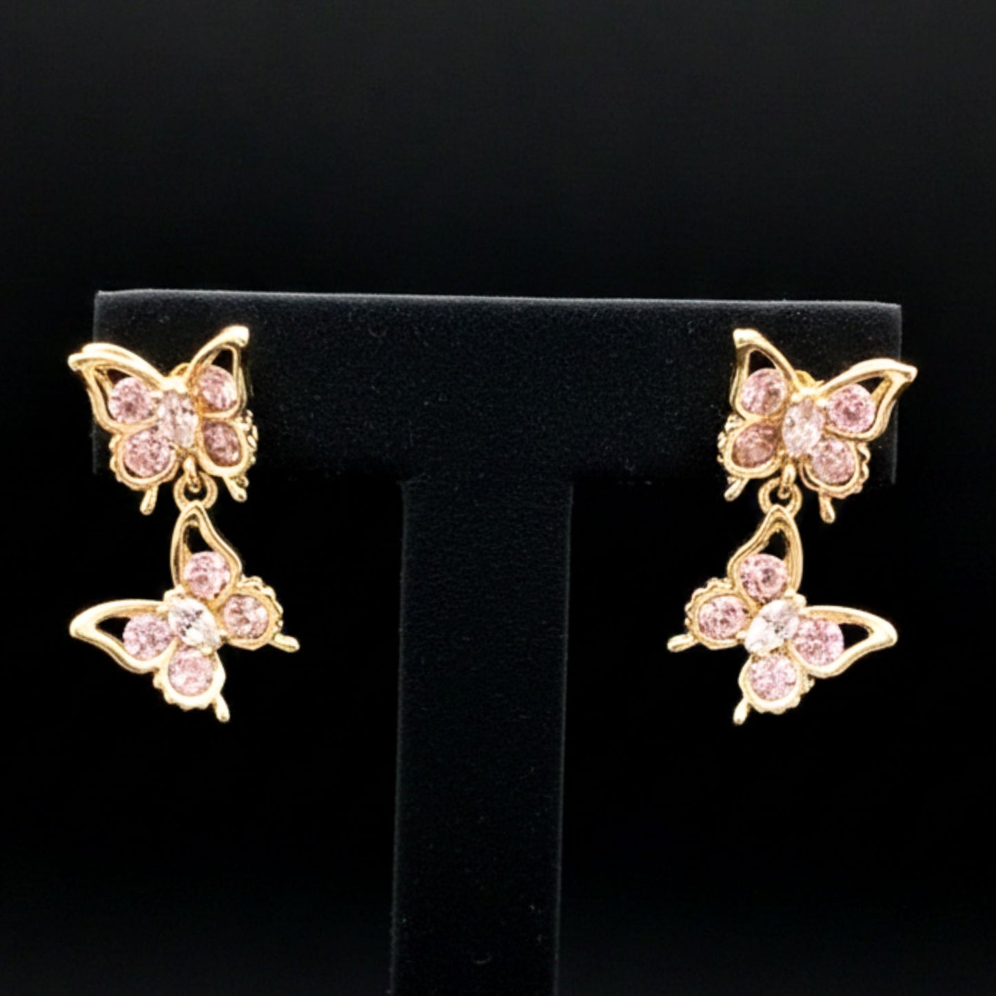 Pendientes Mariposa Acero Chapados orocon Circonitas Rosa y Blanca | Colgante 18mm