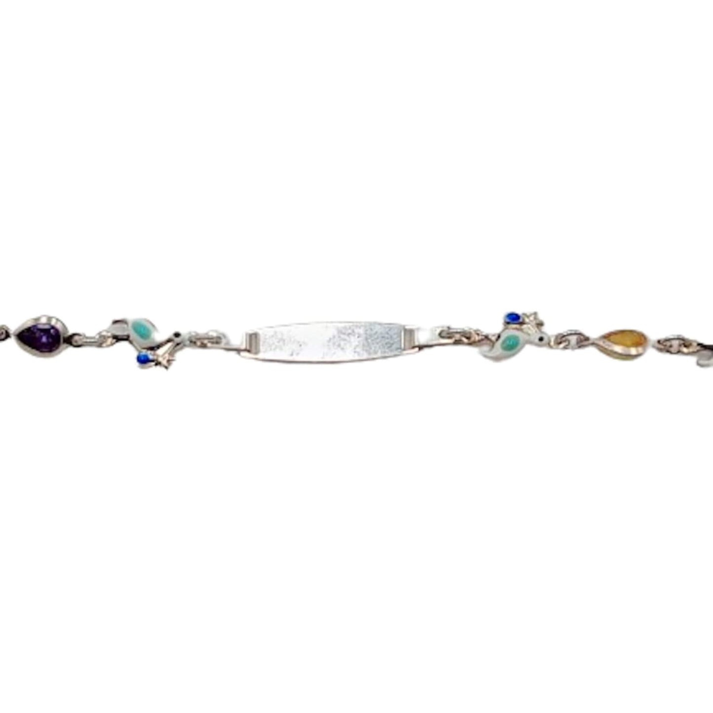 Pulsera Esclava Infantil Plata 925 Pajaritos Esmalte y Circonitas Grabable. Joyeria Osnor