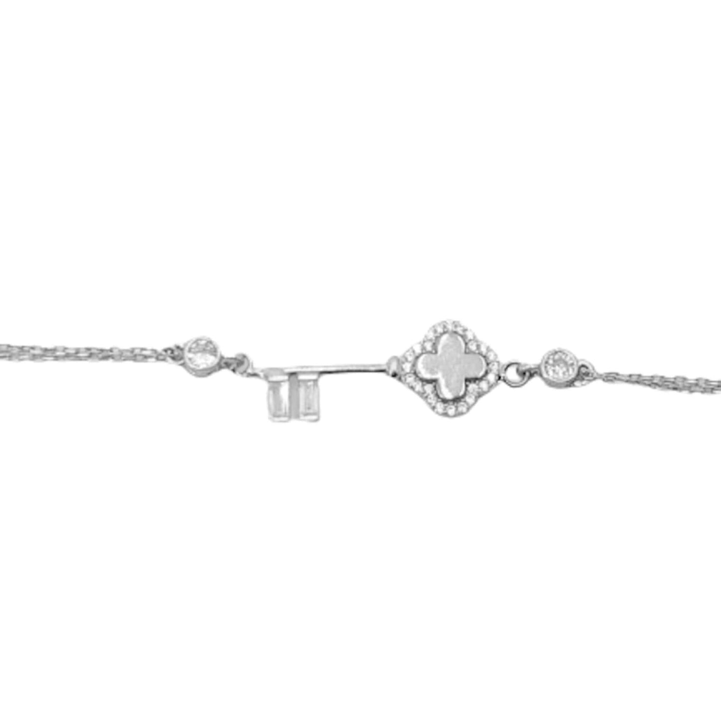 Pulsera Doble Cadena Colgante Llave Trébol en Plata con Rodio y Circonitas. Joyeria Osnor