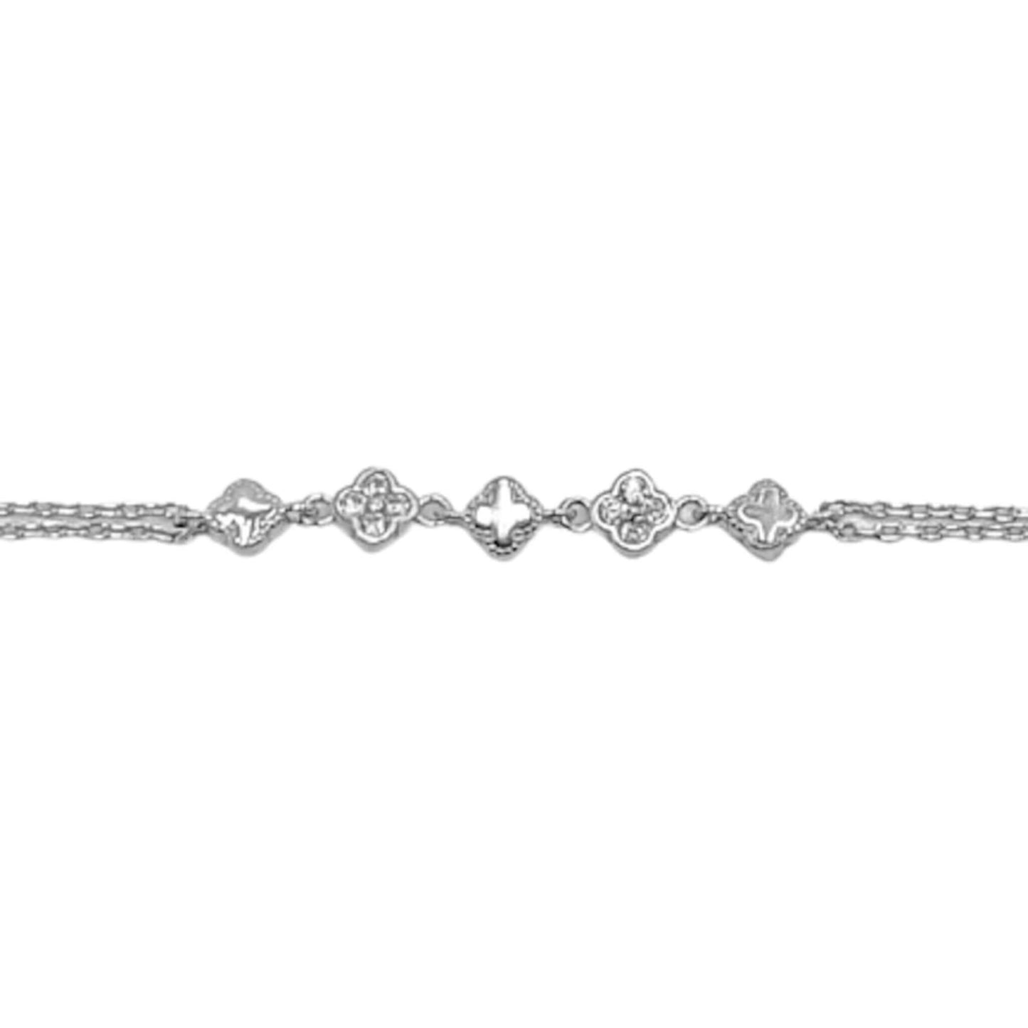 Pulsera Doble Cadena Tréboles con Circonitas Plata Baño Rodio. Joyeria Osnor