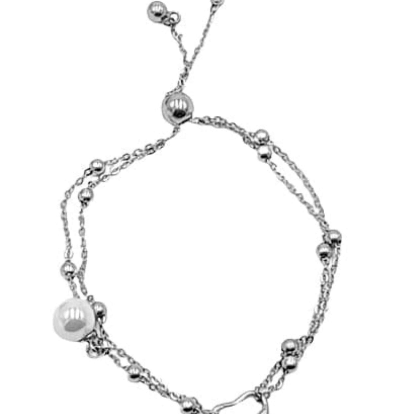 Pulsera Doble Cadena Plata con Perla y Corazón Acabado Rodio. Joyeria Osnor