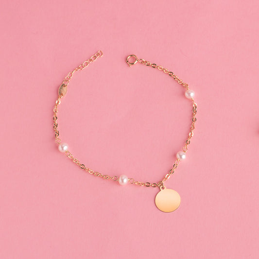 18K PULSERA ORO AMARILLO CON PERLAS 3.5MM Y PLACA CHAPA REDONDA 10MM. LARGO: 15 2CM