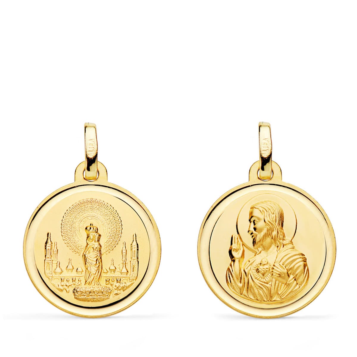 18K ESCAPULARIO ORO AMARILLO VIRGEN PILAR Y CORAZON DE JESUS 18 MM