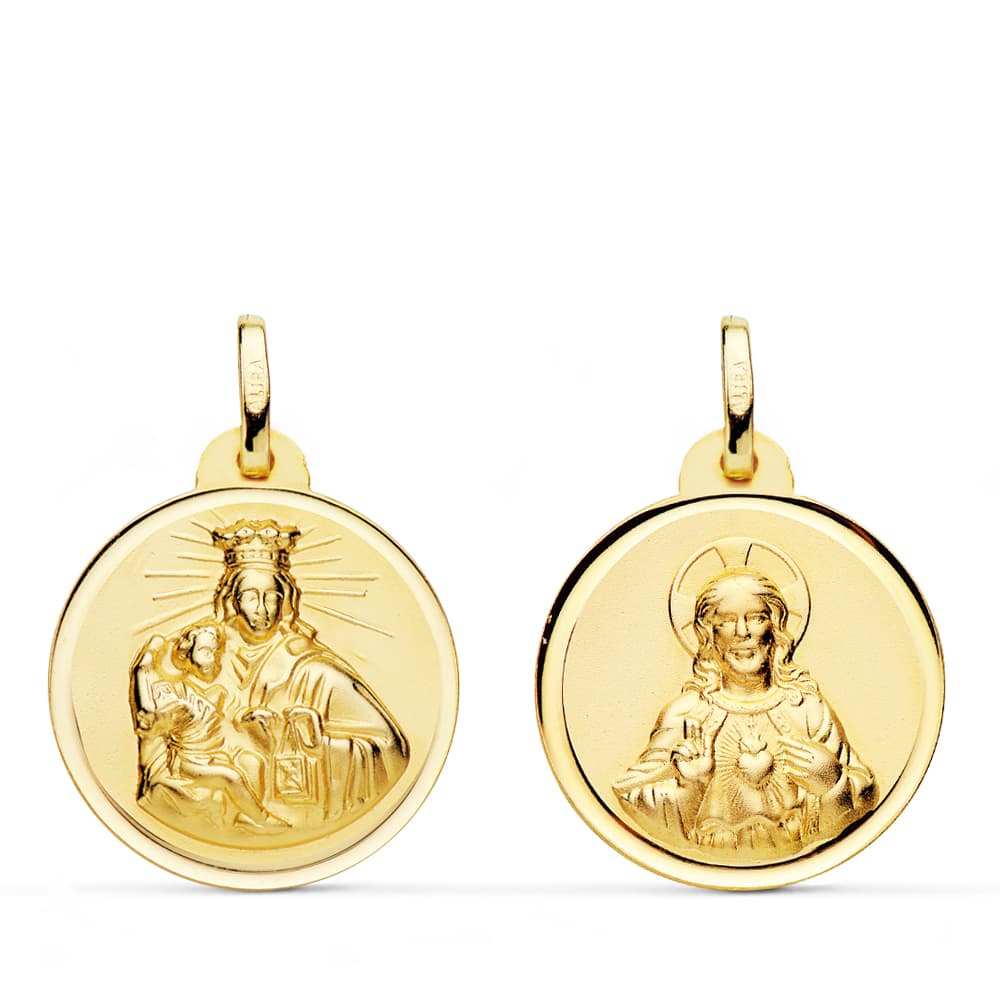 18K ESCAPULARIO ORO AMARILLO VIRGEN DEL CARMEN CORAZON JESUS BISEL 22 MM
