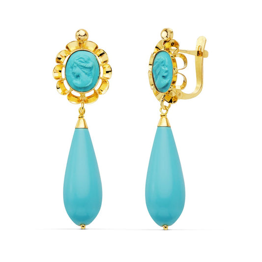 18K PENDIENTES CUBANAS ORO AMARILLO TURQUESA CAMAFEO 47X14 MM CEIRRE CATALÁN