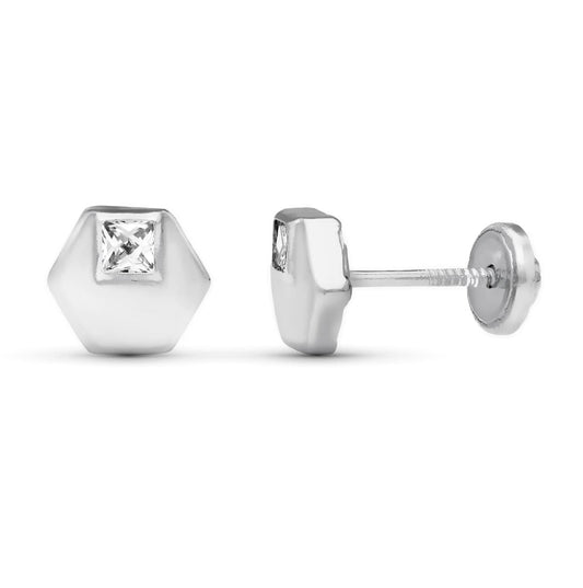 18K PENDIENTES ORO BLANCO HEXAGONO 6 MM ORO BLANCO CIERRE TUERCA