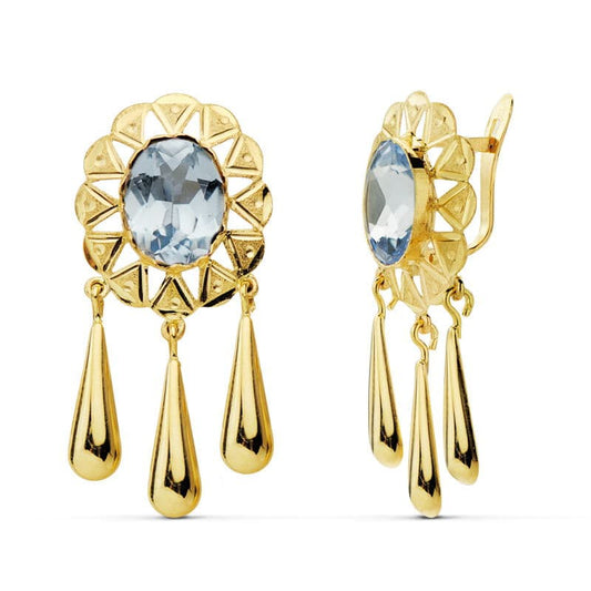 18K PENDIENTES ORO AMARILLO CUBANAS PIEDRA OVAL 10X8 MM LAGRIMAS CIERRE CATALÁN
