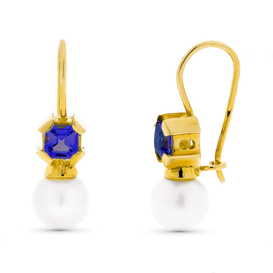 18K PENDIENTES ORO AMARILLO PERLA CULTIVADA 7 MM AMATISTA CIERRE GANCHO