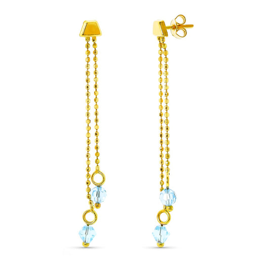 18K PENDIENTES ORO AMARILLO 2 CADENAS CON PIEDRA AGUAMARINA PRESIÓN