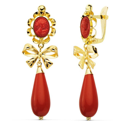 18K PENDIENTES CUBANAS ORO AMARILLO CORALINA CAMAFEO 42X13 MM CIERRE CATALÁN