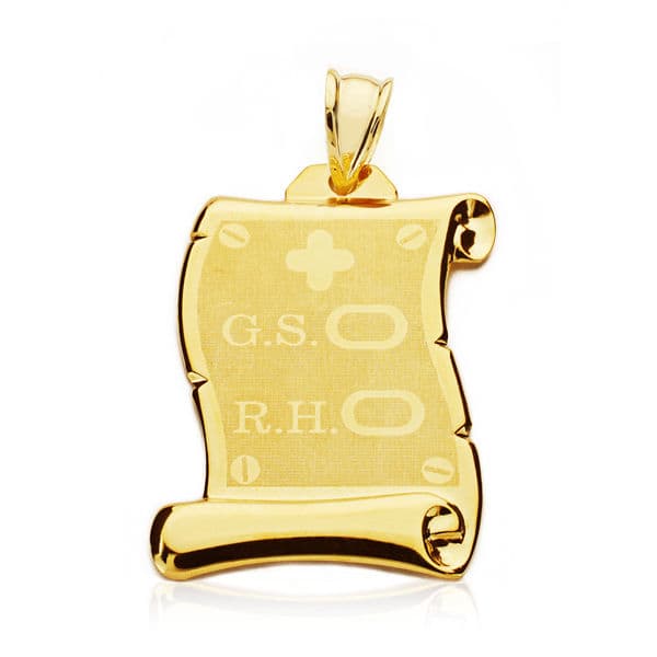 9K COLGANTE PERGAMINO ORO AMARILLO GRUPO SANGUINEO + RH 28X20 MM