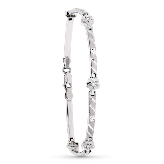 18K PULSERA ORO BLANCO MATE Y BARRAS Y FLORES 18.5 CM