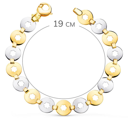 18K PULSERA ORO BICOLOR ESLABONES REDONDOS CON FLOR ANCHO 10 MM LARGO 19CM