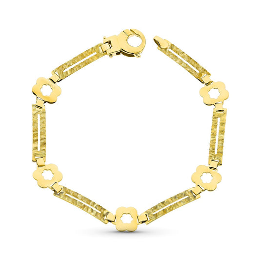 18K PULSERA ORO AMARILLO FLORES Y RECTANGULOS MATE Y BRILLO