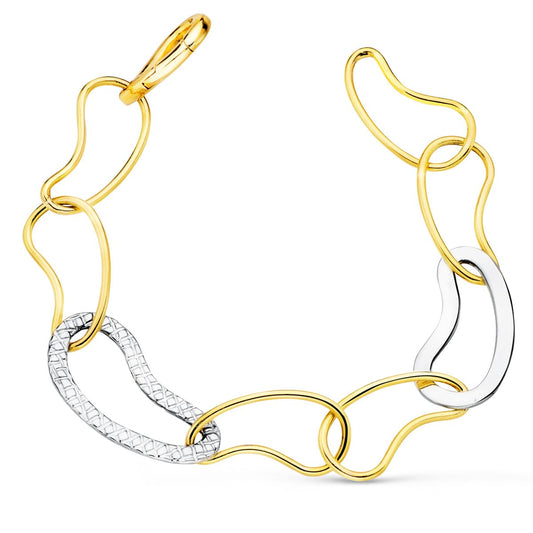 18K PULSERA ORO BICOLOR ESLABONES BRILLO Y TALLADOS ANCHO 14 MM LARGO 20CM