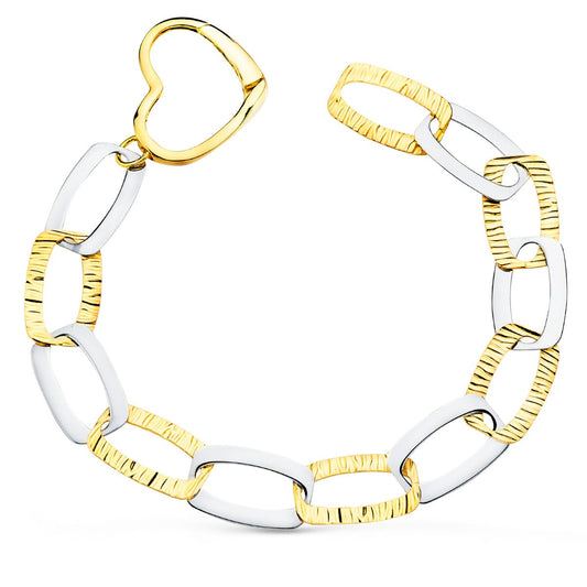 18K PULSERA ORO BICOLOR ESLABONES Y CIERRE CORAZON ANCHO 20 MM LARGO 22 CM