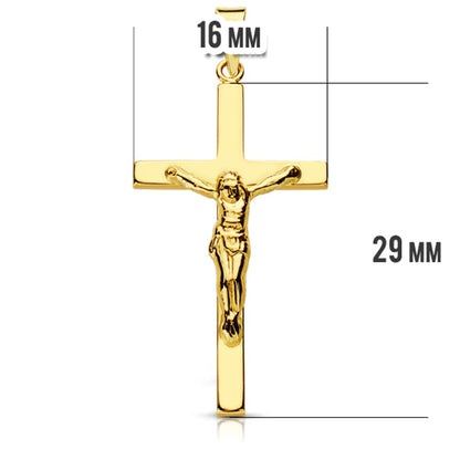 9K CRUZ ORO AMARILLO CON CRISTO PALO PLANO. 29X17 MM
