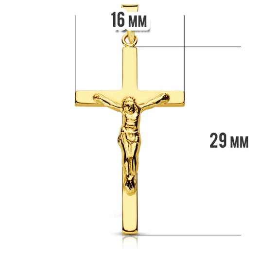 9K CRUZ ORO AMARILLO CON CRISTO PALO PLANO. 29X17 MM