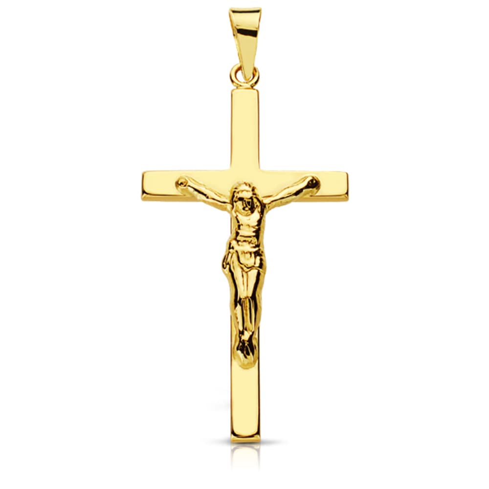 9K CRUZ ORO AMARILLO CON CRISTO PALO PLANO. 29X17 MM