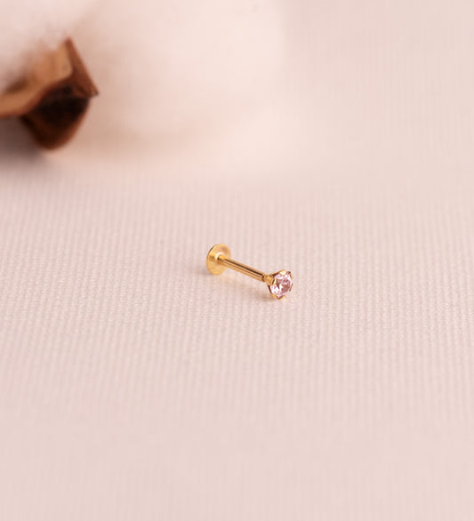 18K PIERCING DE OREJA ORO AMARILLO CIRCONITA ROSA CON GARRAS 3,5 MM. GRUESO BARRA 1MM. CIERRE TUERCA