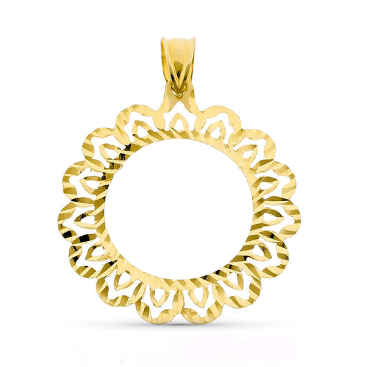 18K PLACA CERCO DE MONEDA ORO AMARILLO 18 MM TALLADO