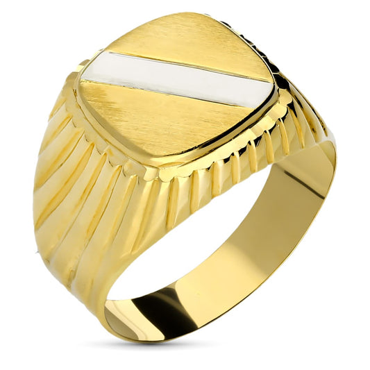 18K SELLO ORO BICOLOR HUECO GALLONEADO CUADRADO CON BANDA. ZONA GRABADO: 11X11 MM