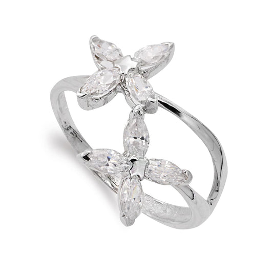 18K SORTIJA ORO BLANCO CON FLORES DE CIRCONITAS. ANCHO: 16,5 MM