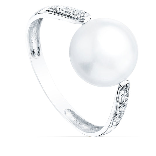 18K SORTIJA ORO BLANCO PERLA 10 MM CON CIRCONITA 11 MM ANCHO CUERPO 2.8 MM
