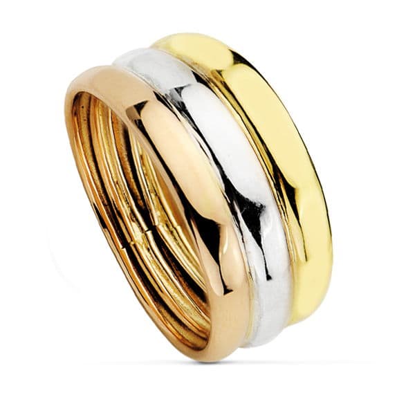 18K SORTIJA ORO TRICOLOR TRES BANDAS BRILLO ANCHO 8.5 MM